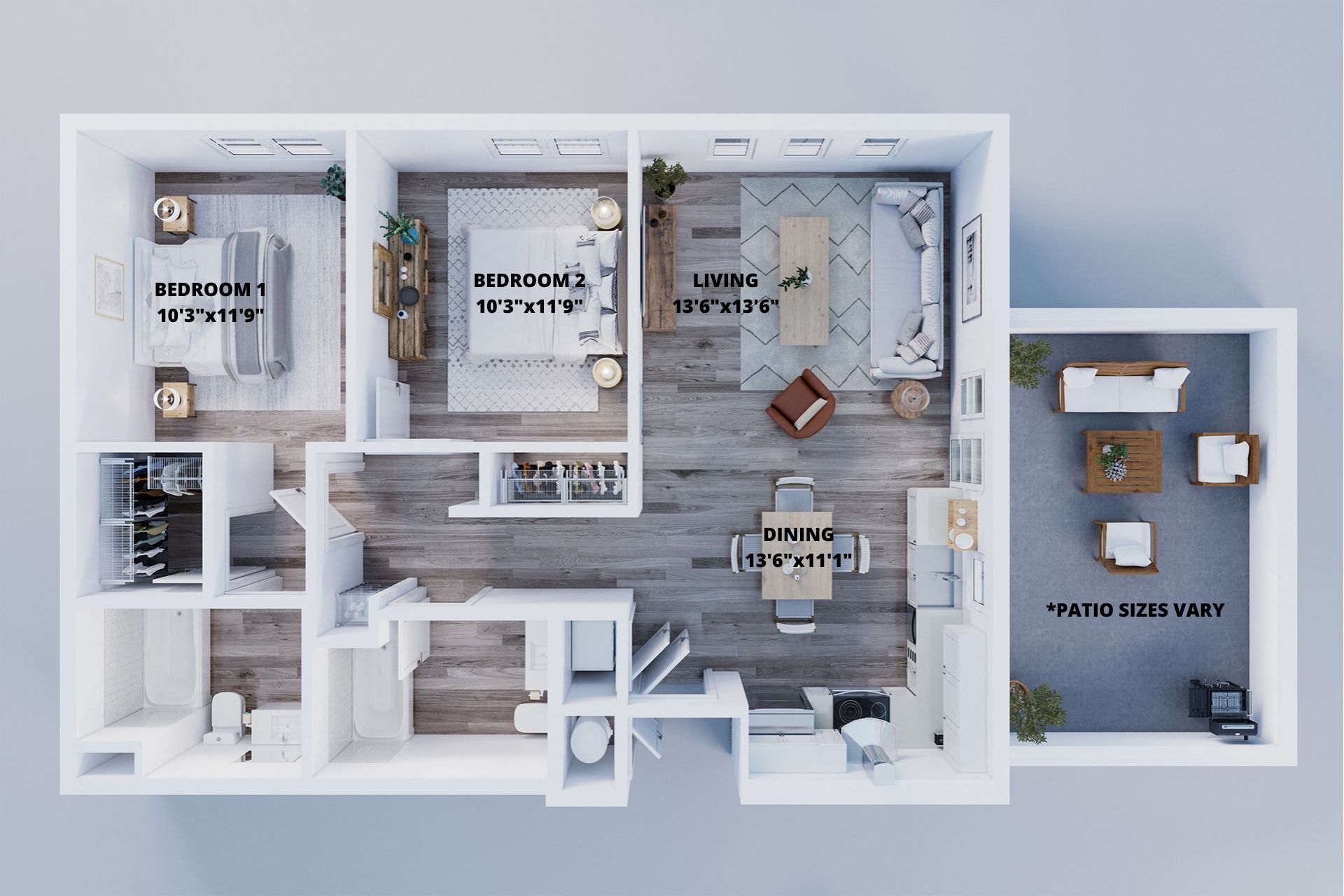 Floor plan for 2 beds, 2 baths, 863 sqft